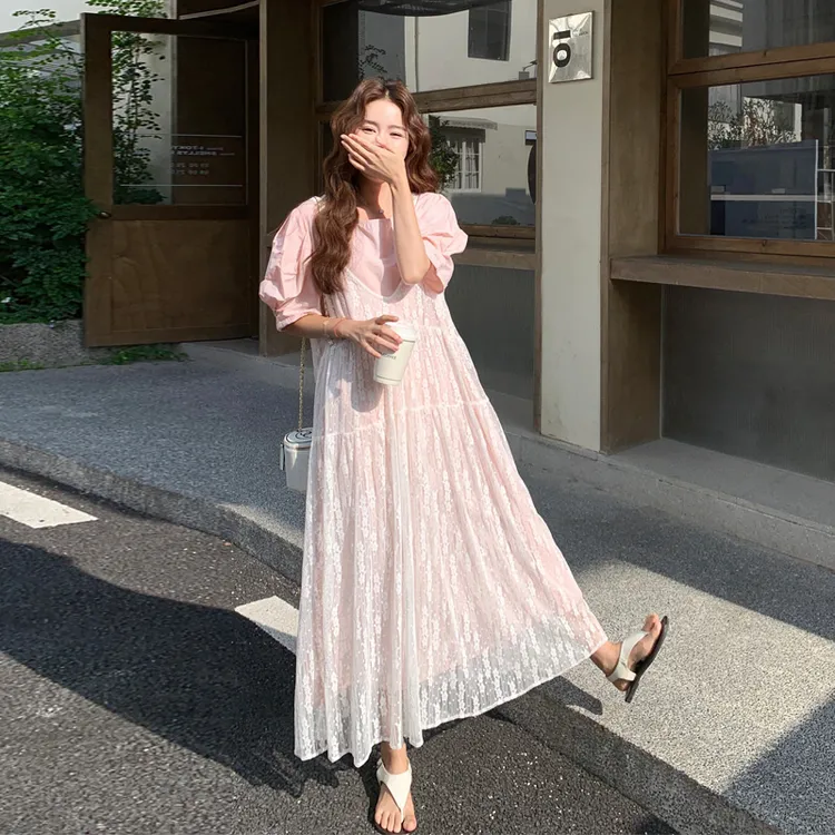 可盐可甜套装裙2025夏季新款法式泡泡袖连衣裙蕾丝吊带罩衫两件套