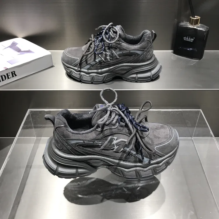 磨砂牛皮绑带加绒老爹鞋女2025冬季厚底增高保暖时尚休闲运动鞋潮