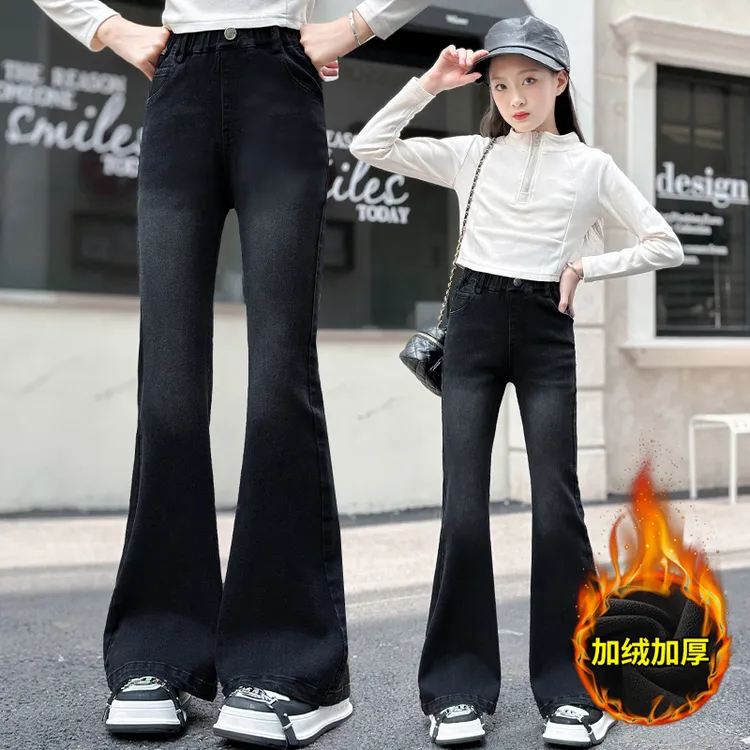 秋冬女童加绒裤子喇叭牛仔裤9-12岁15冬季初中生大童女孩微喇长裤