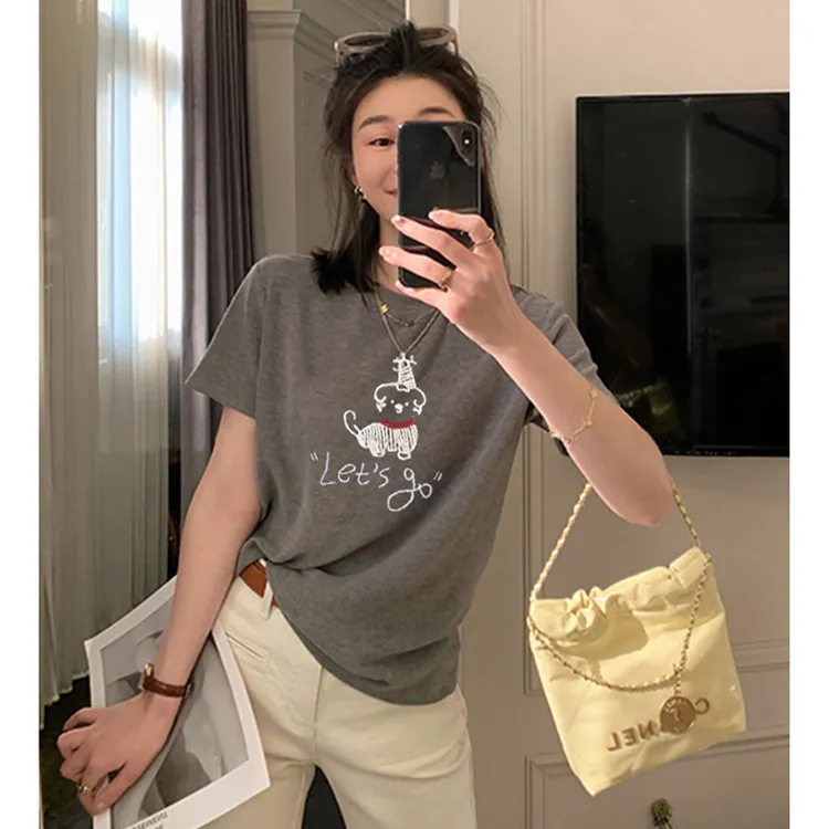 【围巾小狗】超好看减龄短袖t恤女夏韩版打底休闲百搭正肩上衣 6269