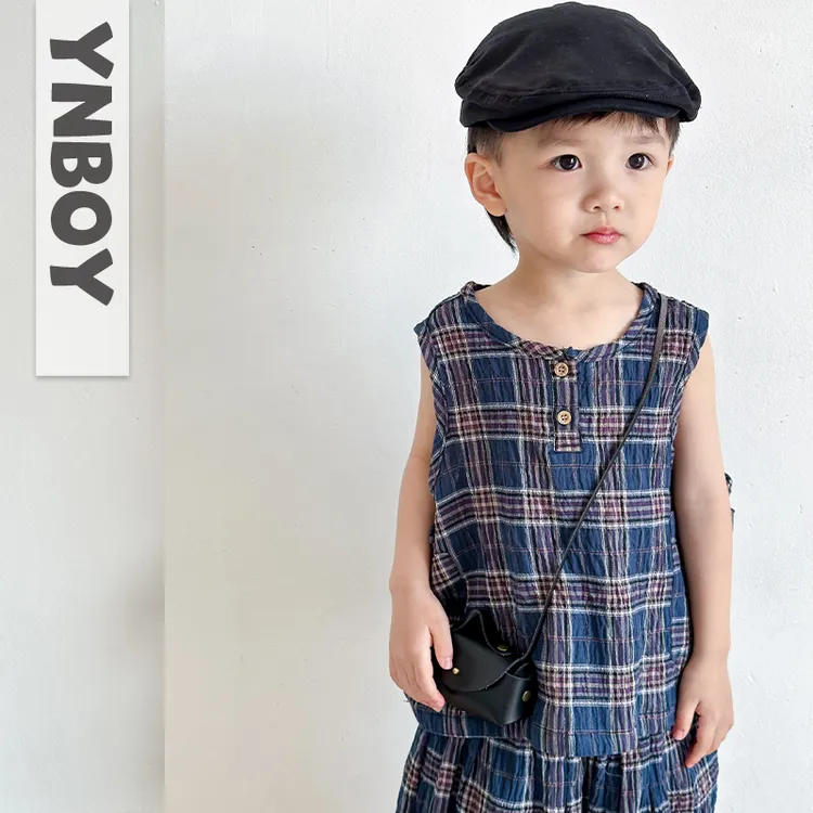 男童夏装套装2025年夏季新款宝宝格子棉麻背心儿童五分短裤两件套