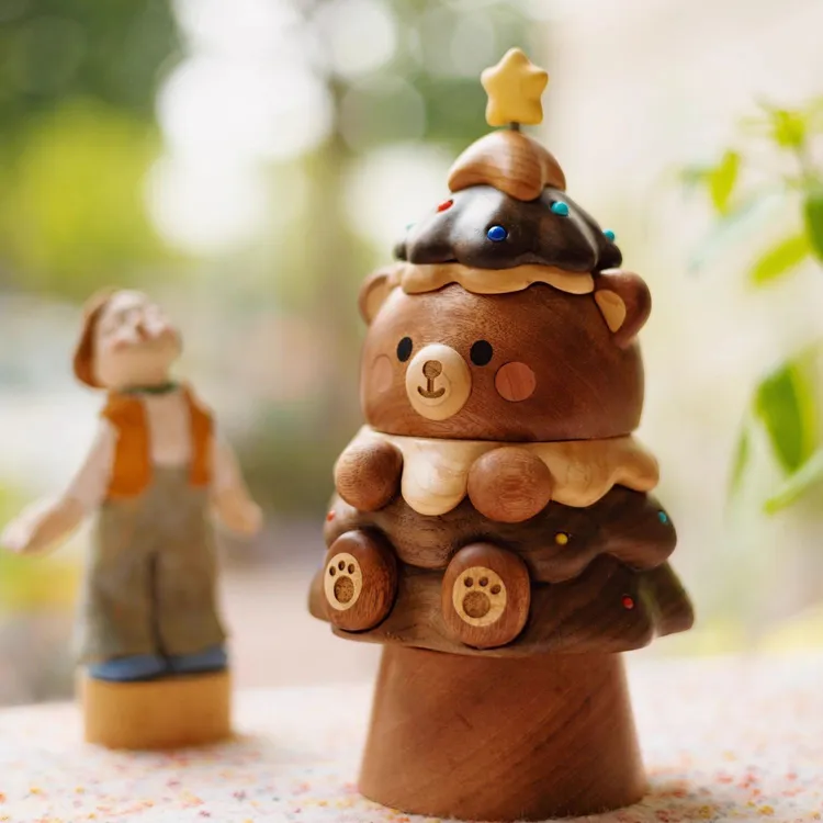实木小熊圣诞树桌面装饰品摆件可爱卡通创意节日礼物治愈系音乐盒