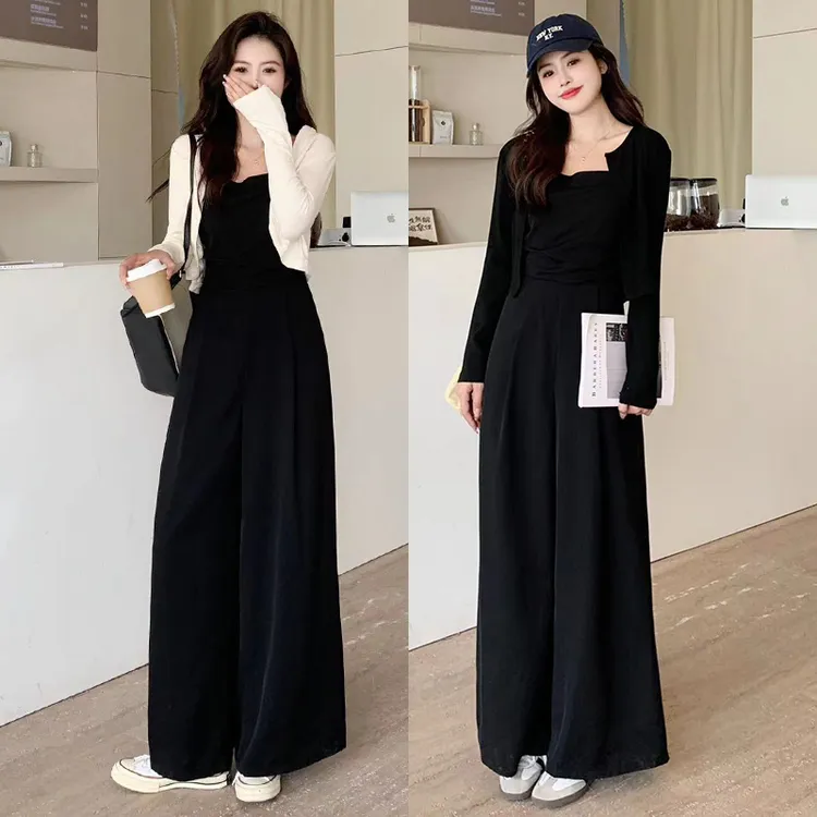 大码女装两件套胖mm收腰显瘦显高连体裤+温柔百搭披肩时尚黑色