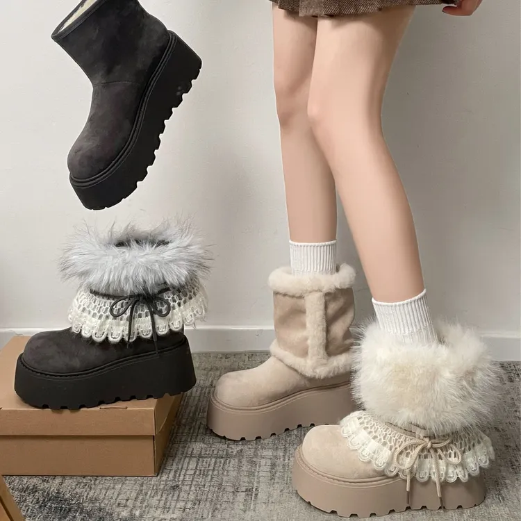 复古百搭六穿可拆卸费尔岛风雪地靴女2025新款冬保暖加绒毛毛棉鞋
