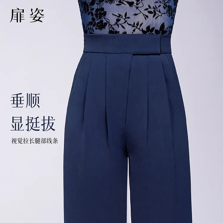 扉姿 摩登舞蹈裤女秋季新款国标舞口袋直筒裤魔术贴跳舞裤子F2151