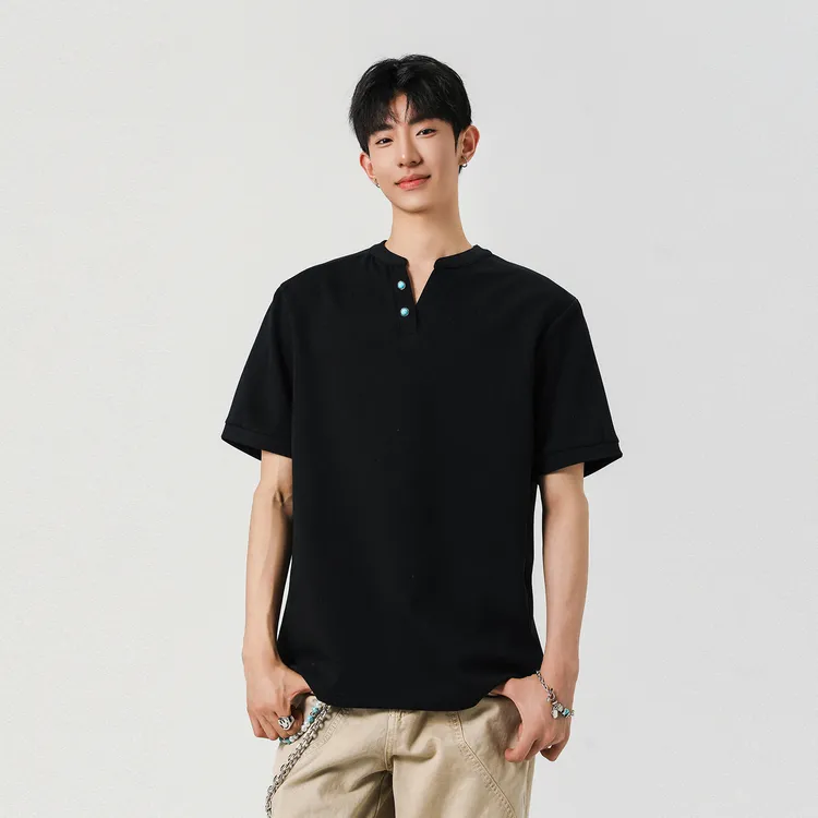 美式重磅v领短袖t恤男生夏季潮牌高级感clea男士男条纹长袖t恤