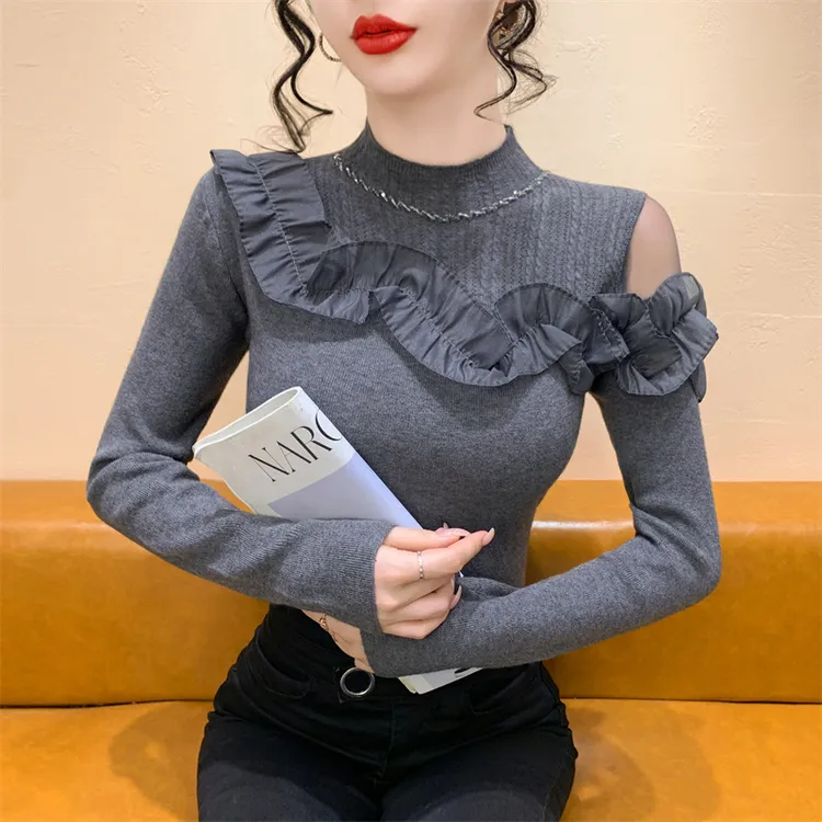 实拍 半高领露肩钉钻荷叶边网纱针织衫拼接秋冬新款打底衫毛衣