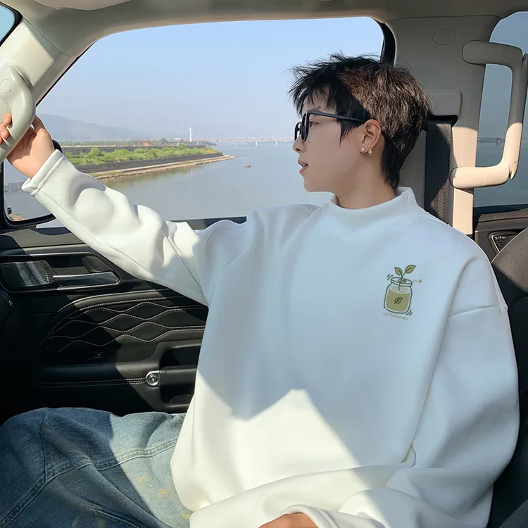 半高领双面加绒加厚卫衣潮秋冬季男生衣服高级感重磅内搭打底衫男