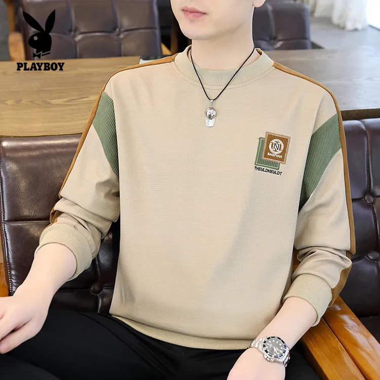 花花公子秋季新款拼色高级感男士卫衣秋季新款字母刺绣痞帅打底衫