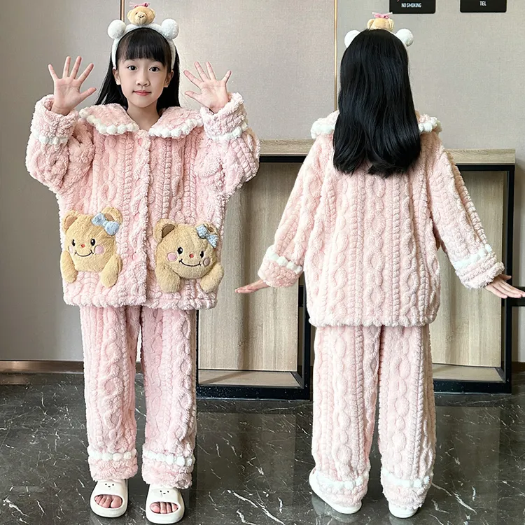 女童睡衣冬季法兰绒儿童开衫加绒新款大童女孩公主可爱亲子家居服
