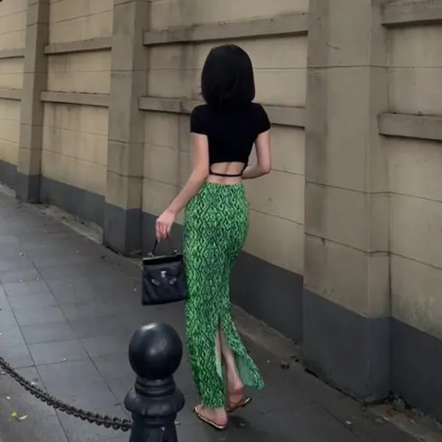 复古绿色菱格印花半身裙女2025夏季新款高腰修身后开叉包臀长裙