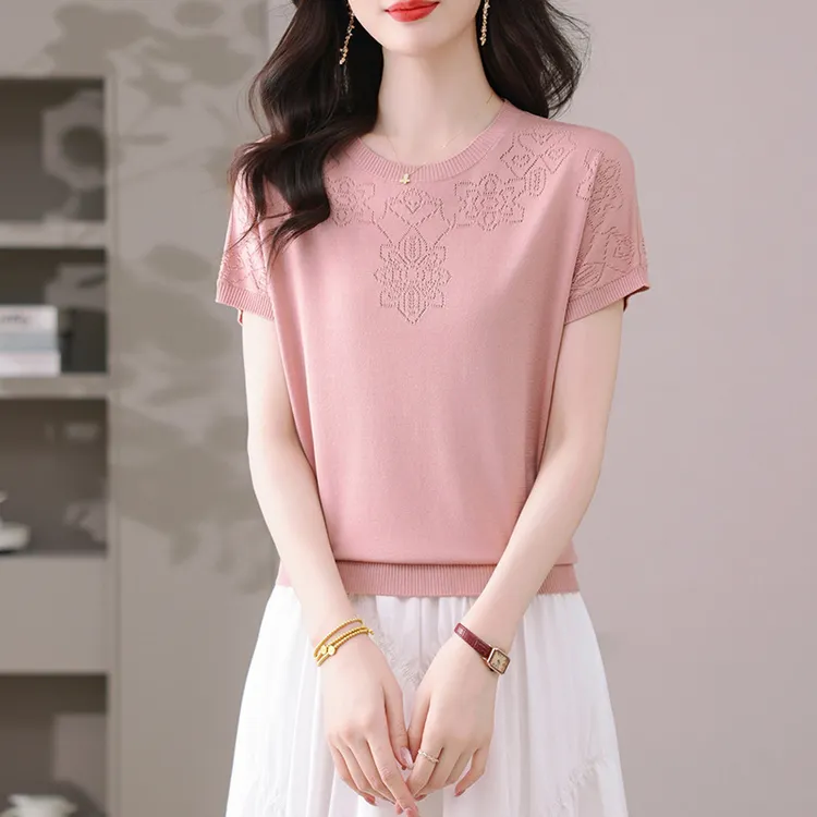 夏天短袖t恤女针织衫2025夏季新款中年妈妈宽松显瘦提花体恤