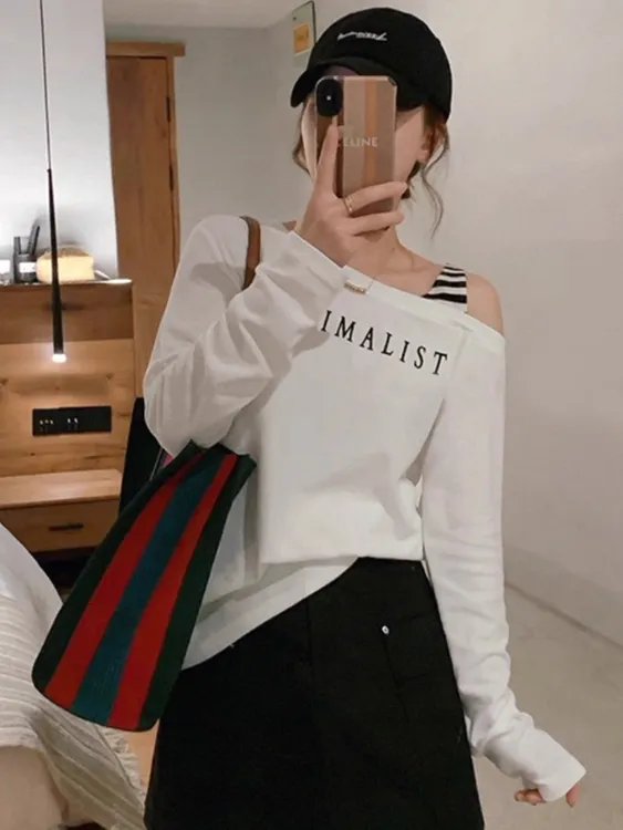 长袖女印花热辣美式斜肩长袖T恤显瘦修身圆领秋季长袖打底春秋