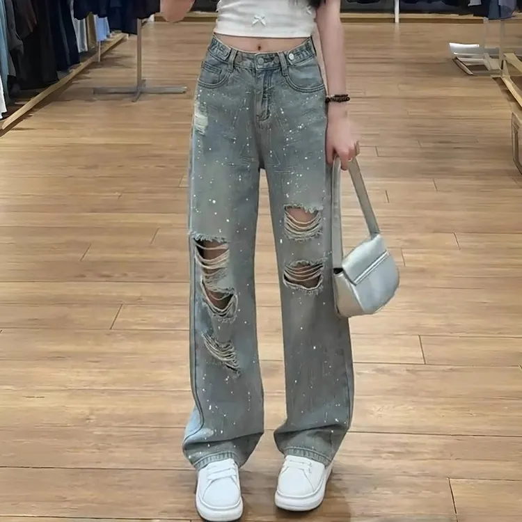 水洗破洞烫钻直筒牛仔裤女夏季新款大码胖mm高腰宽松显瘦阔腿裤子