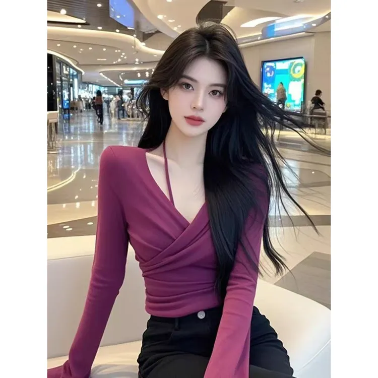 美式辣妹飘带荡领长袖上衣潮秋季新款时尚设计感收腰褶皱围脖T恤 