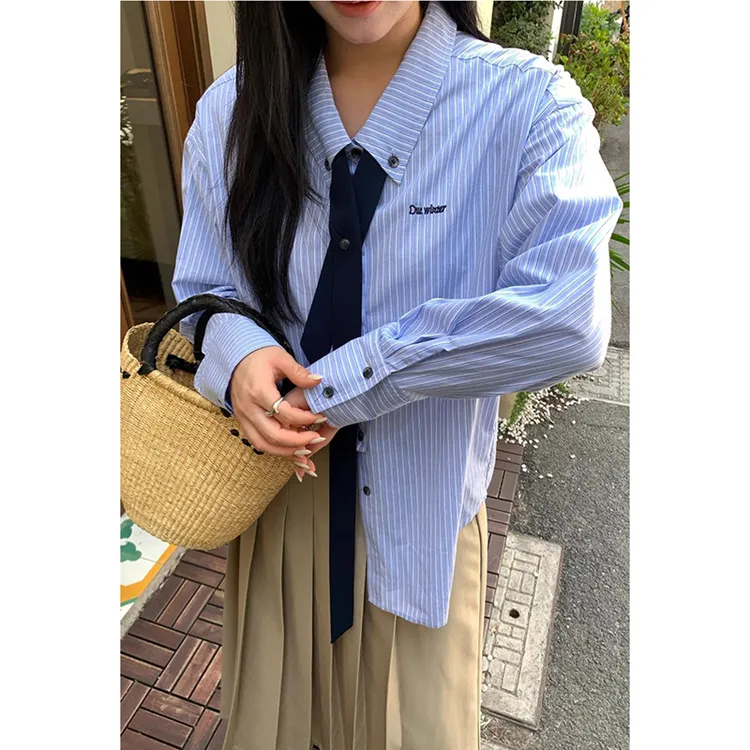 休闲学院风oversize阔版宽松条纹衬衫女设计感小众显瘦上衣
