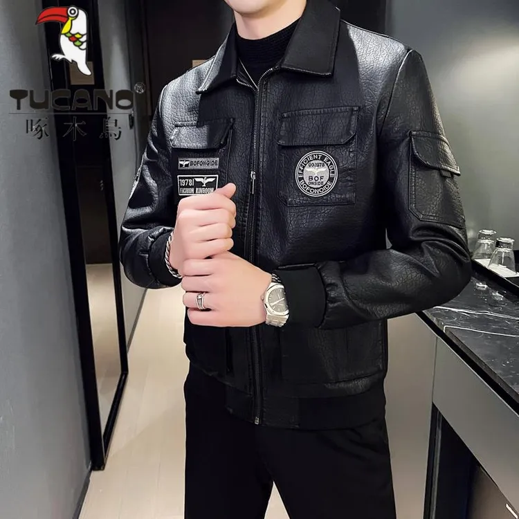 啄木鳥男士休闲潮流帅气时尚百搭青年春秋季翻领机车皮衣外套男高