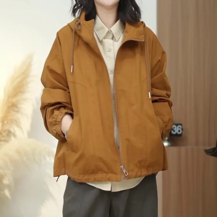 时尚高级感百搭长袖上衣女2025秋季新款洋气宽松显瘦抽绳连帽外套