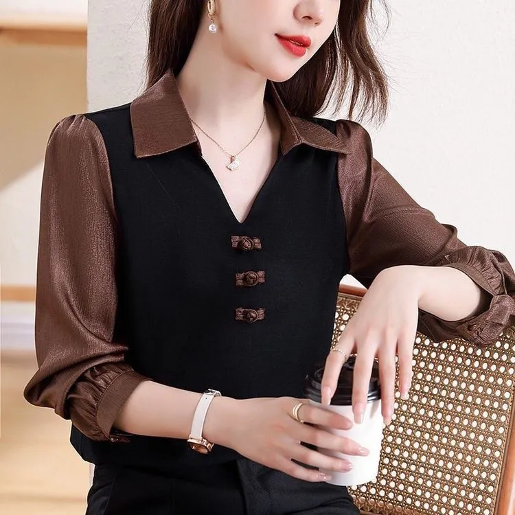 新中式国风衬衫女士秋季新款时尚洋气减龄休闲宽松显瘦假两件上衣