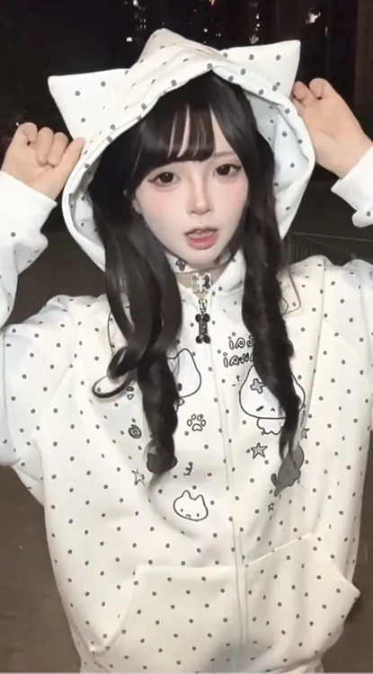 甜美可爱猫耳朵连帽卫衣波点猫咪印花开衫外套秋冬加绒ins风上衣