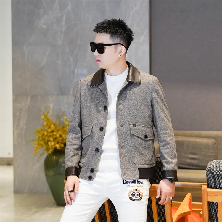 复古风翻领毛呢夹克男修身百搭时尚休闲外套2025秋冬新款潮25886