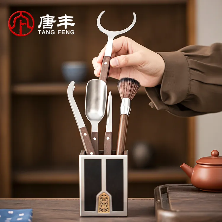 唐丰纯钛茶具配件茶道六君子茶台用品大全茶刀茶夹黑檀木泡茶工具