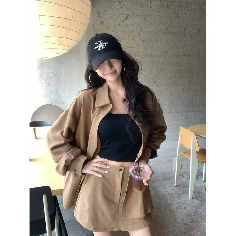 秋季新款慵懒休闲气质衬衫开衫显瘦百搭休闲短裤半身裙套装