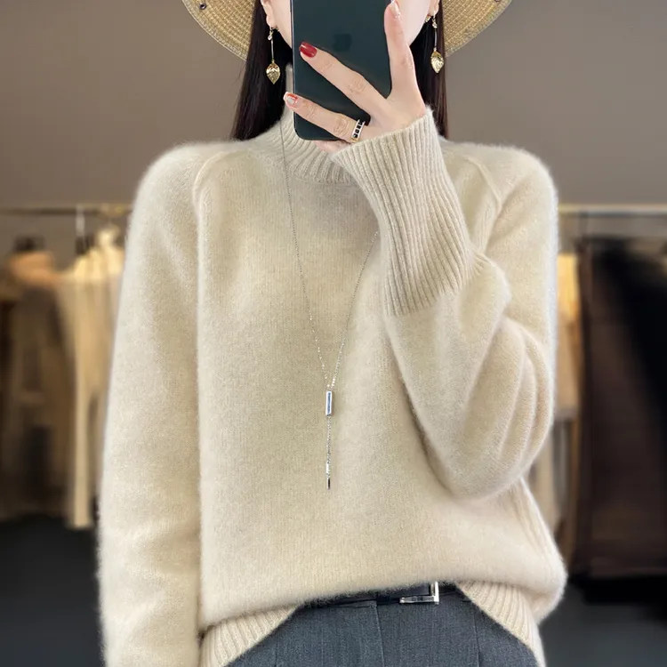 针织纯100羊绒衫半高领女厚款衫纯色长袖百搭秋冬季洋气女士毛衣