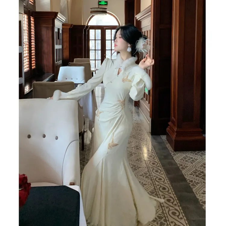 大码女装高级感新中式连衣裙气质国风鱼尾旗袍13452