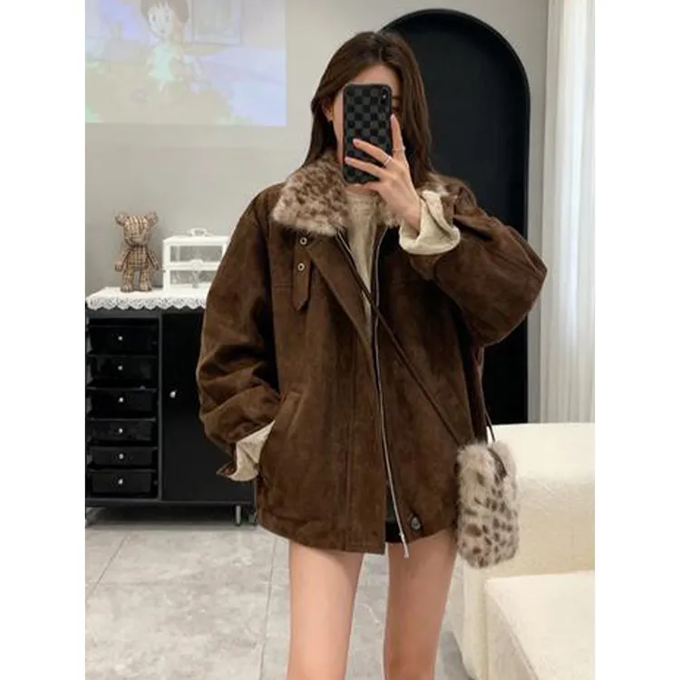 MARIE.COCO巨好看独特漂亮毛领时尚外套小个子短款宽松咖色上衣