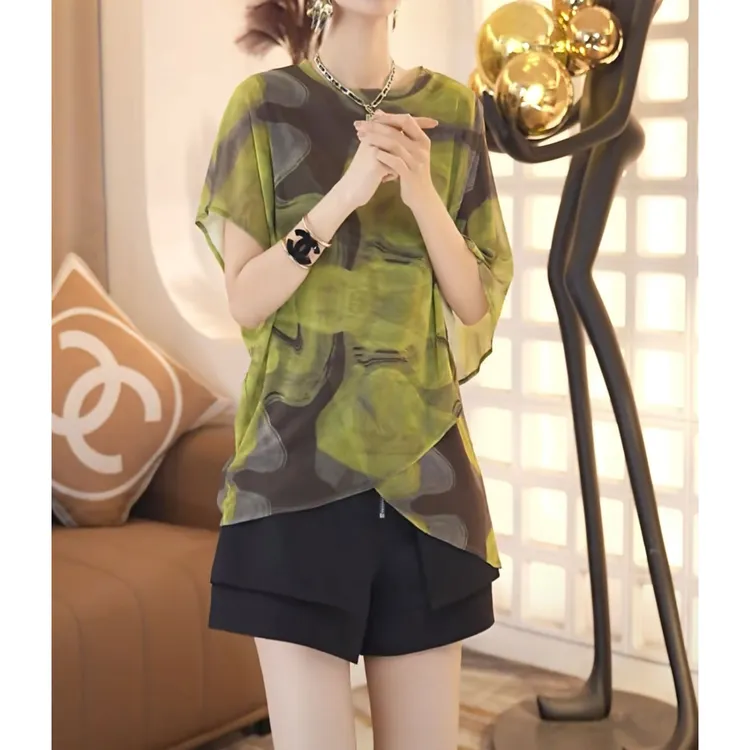 设计感抽象晕染开叉轻薄显瘦上衣时尚休闲百搭宽松圆领不规则T恤