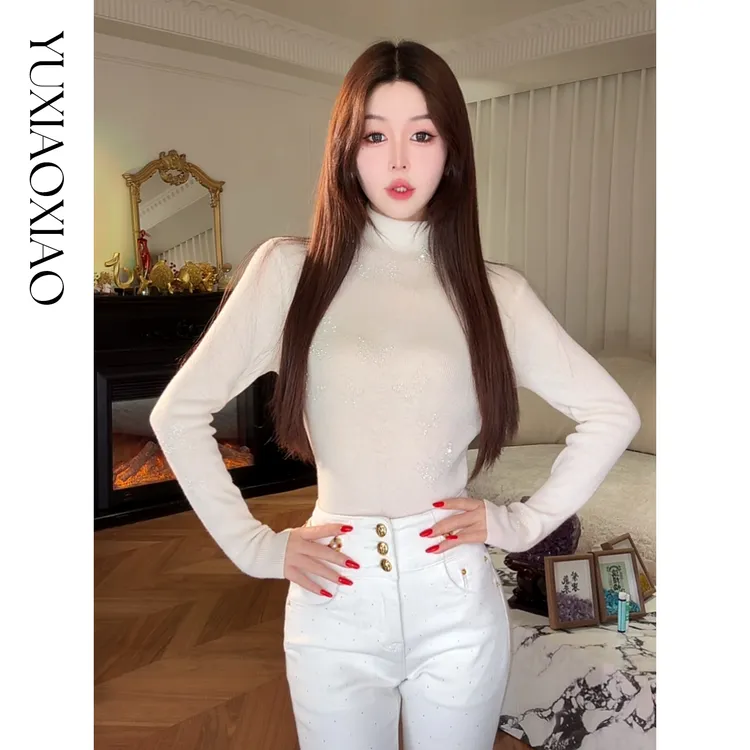 余潇潇【星光蝶语】绵羊毛混纺精美渐变大小蝴蝶烫钻高领修身打底衫