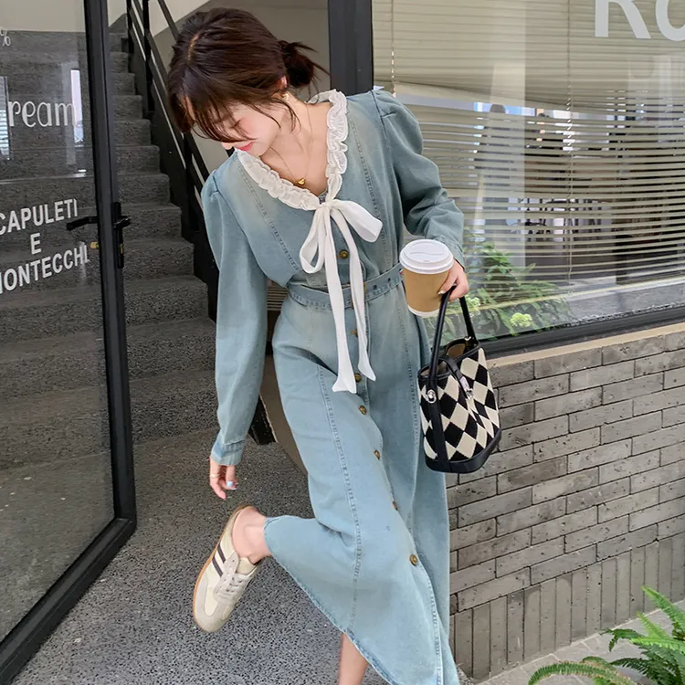 复古港风蝴蝶结牛仔连衣裙女2025春秋新款气质收腰显瘦中长款裙子