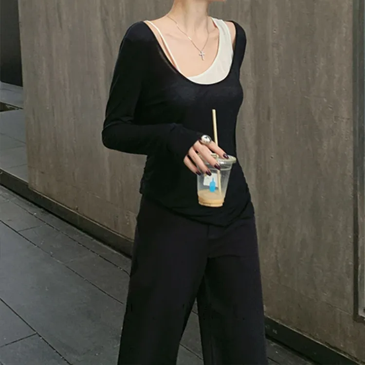 辣妹性感大U领长袖T恤女秋季新款修身内搭吊带背心两件套打底上衣
