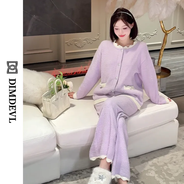 DIMDEVL/汀黛COCO小姐小香风圆领秋冬保暖可外穿半边绒家居服睡衣
