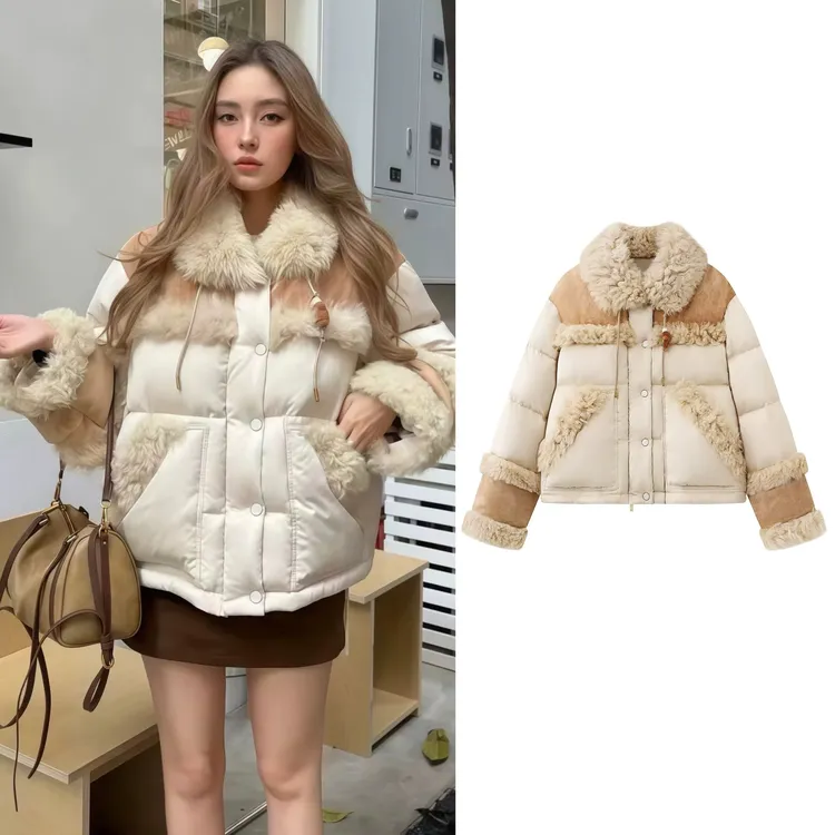 2025冬季新款毛领拼接羽绒服女面包服冬季时尚外套