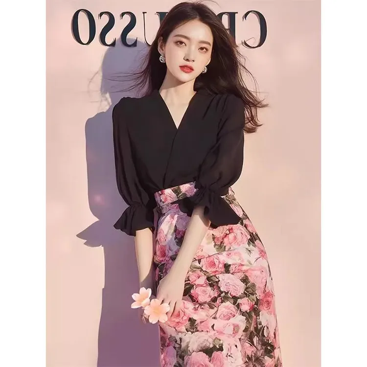 【93%好评率】法式赫本风气质名媛高级感显瘦黑色上衣印花半身裙两