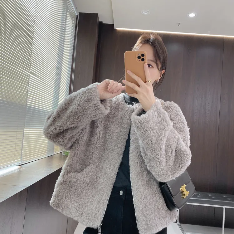 IMFLY金小金自制女装 绵羊毛外套DYW10027秋冬气质圆领拉链外套