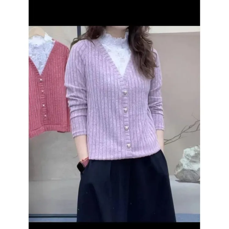 春秋新款欧货爆款T恤【蕾丝拼接】高领时尚休闲洋气百搭长袖女