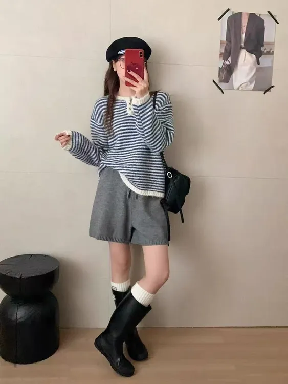 条纹开襟毛衣女套头2025春秋冬新款宽松慵懒风外穿针织衫内搭上衣