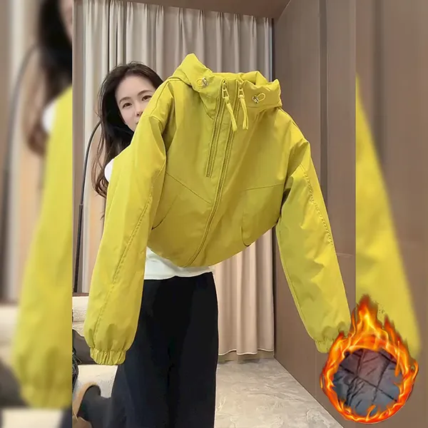 2025秋冬新款欧货休闲双拉链连帽夹棉冲锋衣百搭长袖夹克短外套女