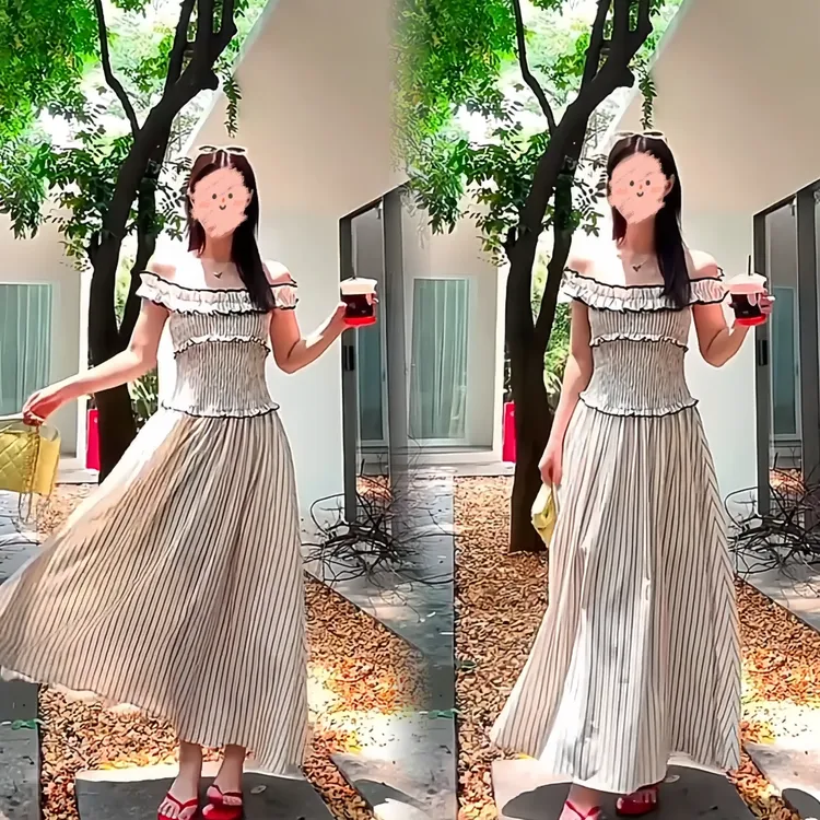 法式复古木耳边条纹吊带连衣裙女2025夏季新款气质修身设计感长裙