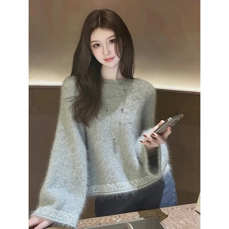 灰色毛绒感针织衫女冬内搭打底高端独特漂亮减龄气质巨好看毛衣厚