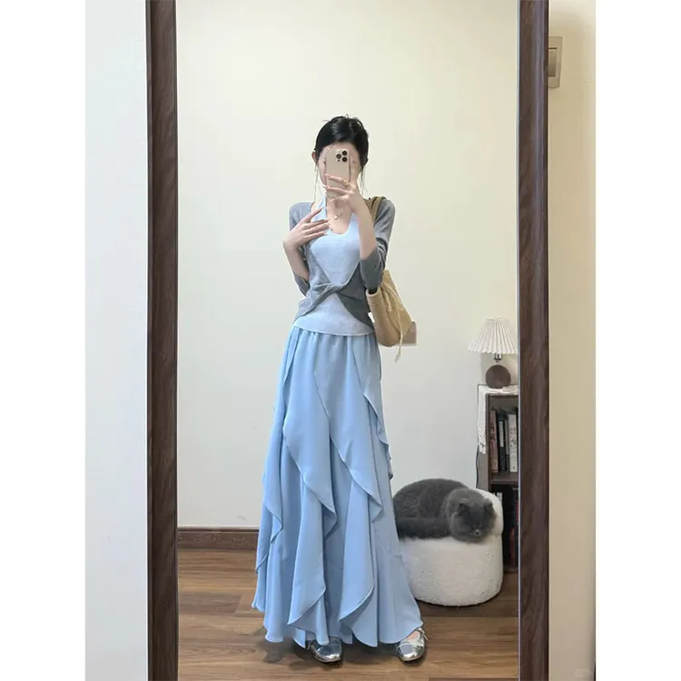 温柔风设计感拼色假两件修身扭结长袖上衣高腰百搭小众花朵半身裙