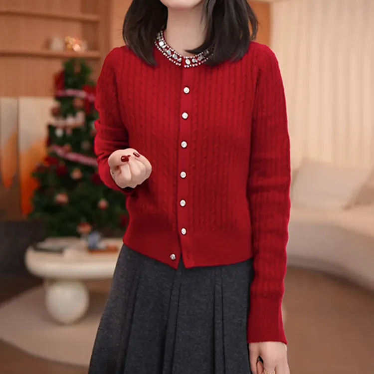 2025冬季新款圆领针织开衫女韩系简约纯色通勤气质百搭休闲上衣潮