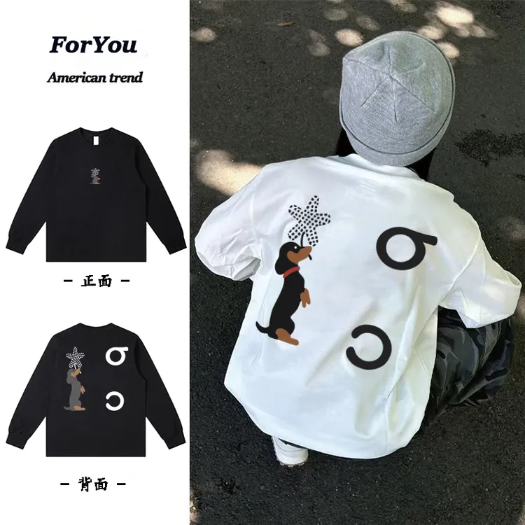 【重磅纯棉】cleanfit叼花小狗潮流印花休闲复古宽松长袖T恤男款秋