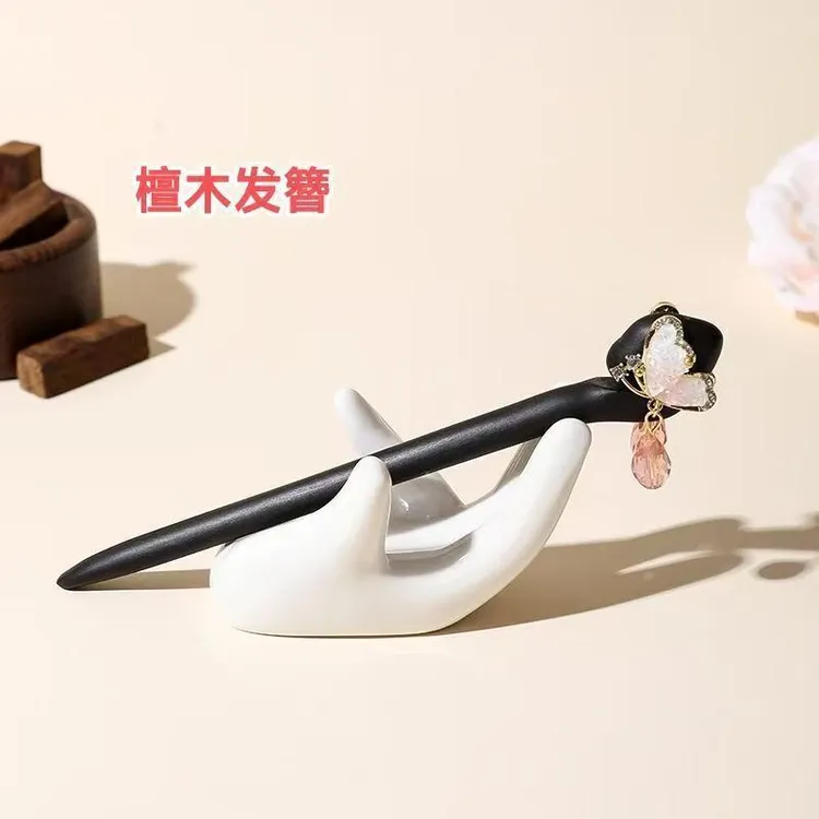 诗泊雅 新款双面蝴蝶吊坠檀木发簪简约日常发饰新中式高级感簪子