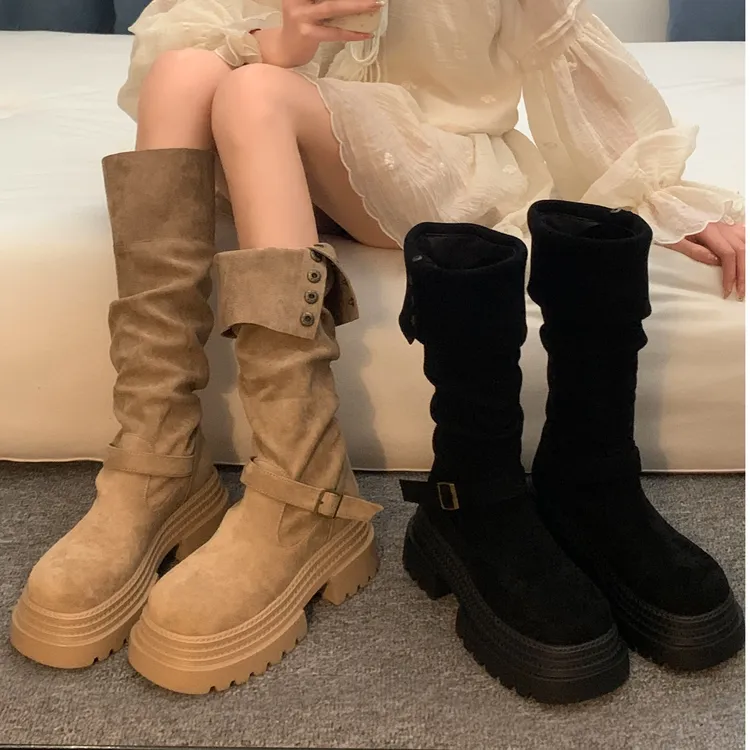贾不假长靴女款2025新款秋季两穿复古百搭腿粗显瘦厚底废土风靴子