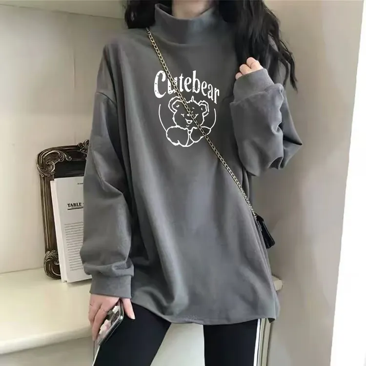 宽松加厚保暖长袖上衣半高领打底衫女内搭叠穿秋冬新款加绒t恤