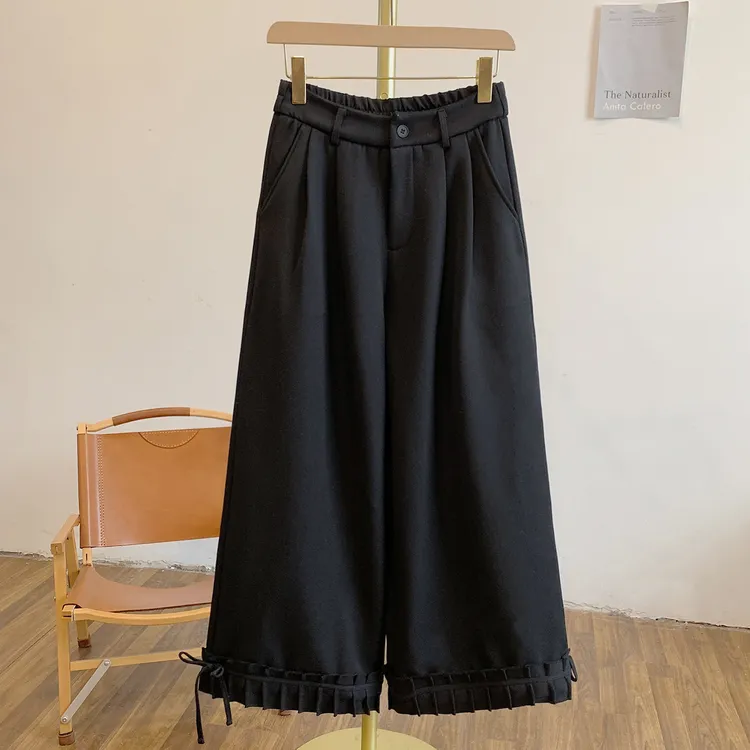 Y4077加绒蝴蝶结荷叶边半松紧腰阔腿裤